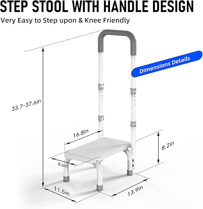 Step Stool with Handle for Ederly and Non-Skid Platform, Height Adjustable Heavy Duty Steps Foot Stool for Adult, Seniors, Foot Stool for Bedside, Kitchen,Bathtub Car,Safely Load 440 lbs. (White)