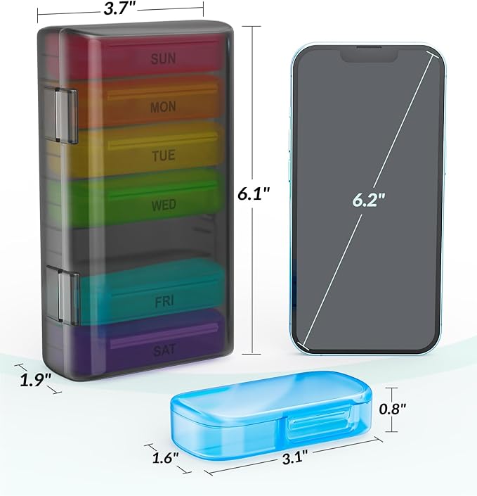 ZIKEE 7 Packs Extra Large Pill Organizer, Portable Pill Box 7 Day for Pocket, Purse, Weekly Pill Case with Dual-Protection Design, Pill Container for Medication, Vitamin, Fish Oil, Supplement, Black