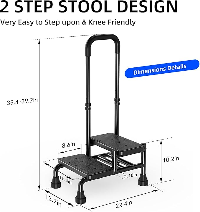 2 Step Stool with Handle for Seniors - Adjustable Handrail &Non-Skid Platform, Heavy Duty 2 Step Stool for Adults, Elderly, Foot Stool for Bedside, Kitchen, Car, Bathtub