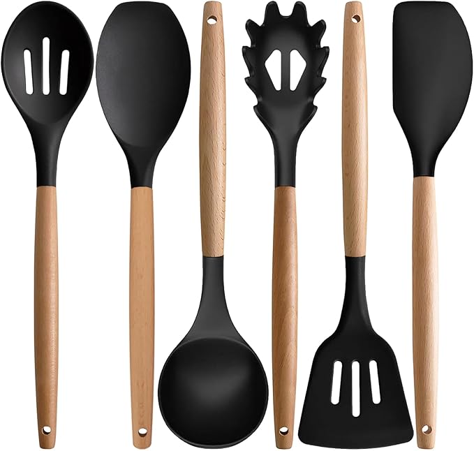 Silicone Kitchen Utensils Set of 6, Cooking Utensils Set with Heat Resistant Wooden Handle, Nonstick Silicone Spatula Spoon Turner Ladle, Cooking Kitchen Gadget for Cookware & Baking BPA FREE