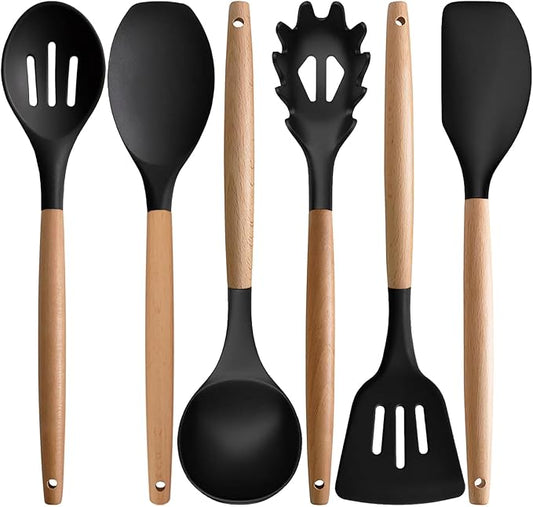 Silicone Kitchen Utensils Set of 6, Cooking Utensils Set with Heat Resistant Wooden Handle, Nonstick Silicone Spatula Spoon Turner Ladle, Cooking Kitchen Gadget for Cookware & Baking BPA FREE
