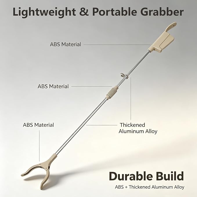 34" Foldable Reacher Grabber Tool with Shoe Horn, 2-in-1 Trash Picker Upper Grabber, 360° Rotating Jaw Long Handy Trash Claw, Lightweight Pick Up Stick for Elderly, Litter, Garden (Gray, 1-Pack)