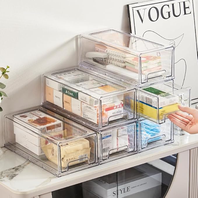 clear Drawer-Type Plastic Storage Box Bins Organizer，Family First Aid Kits Medicine cabinet Box Organizer,Closet ，Shelf，Ointments, Adhesive Bandages，Cosmetics,Office Items (clear, 2M)