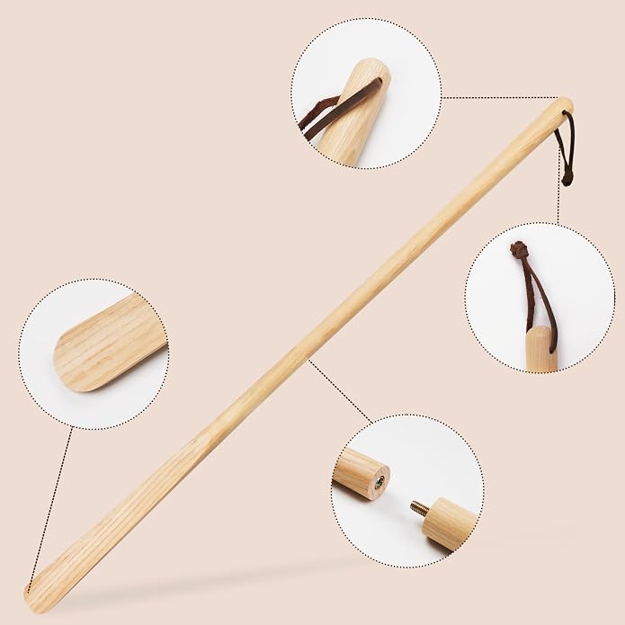 Wood Long Shoe Horn Long Handle for Seniors Women Men Wooden Shoehorn Travel for Boots, Detachable Design