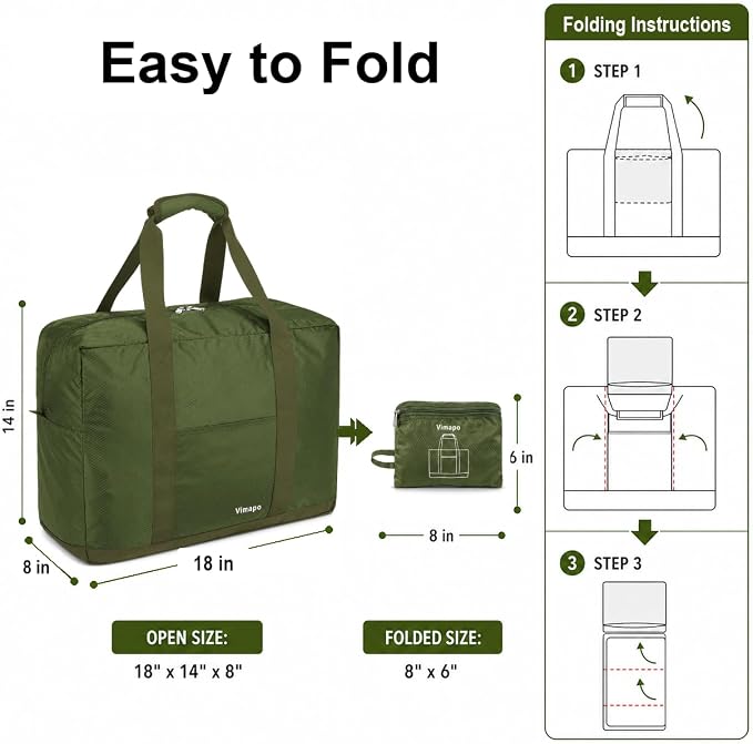 Foldable Travel Duffle Bag with Trolley Sleeve 40L Capacity, Lightweight Packable Travel Duffel Bags with the Keyhole Zipper, Weekender Overnight Nylon Carry on Bag for Men & Women, Army Green