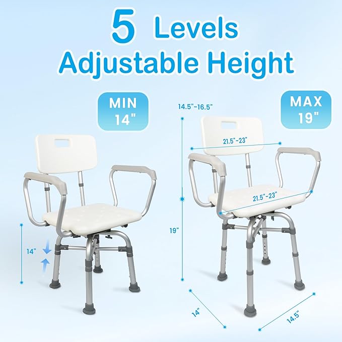 360° Swivel Shower Chair for Inside Tub, Shower Chair for Elderly and Disabled, 300lbs Heavy Duty Shower Seat with Adjustable Arms and Back, Bath Stool for Adults Senior Fits Bathroom Bathtub