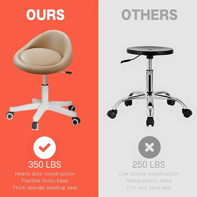 Rolling Stool – Ergonomic Swivel Seat, Adjustable Height, Ultra-Quiet Wheels, Padded PU Leather Cushion, for Salon, Office, Massage & Medical Use Khaki