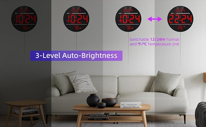 Digital Wall Clock with Large LED Display, Date, Temperature, Auto-Brightness | Small [PLUG-IN] Clock | Modern Electric Wall Clock for Bedroom, Classroom, Living Room, Home, Office, Farmhouse – Red