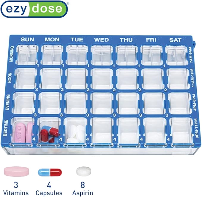EZY DOSE Pill Organizer Weekly (7-Day), Medicine Planner, Vitamin Box, Small Compartments with Easy Fill Tray Case, 4 Times a Day, Easy to Use Containers, Clear Lids, Blue, BPA Free