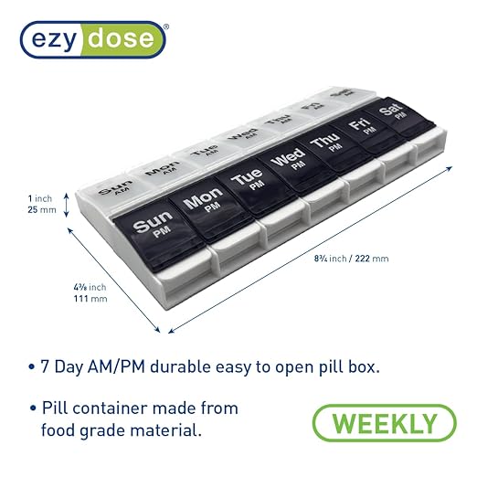 EZY DOSE Push Button (7-Day) Pill Case, Medicine Planner, Vitamin Organizer, 2 Times a Day AM/PM Container, X-Large Compartments, Arthritis Friendly, Effortless Open, Clear Lids, Blue/White, BPA Free