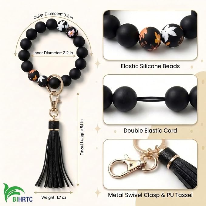 BIHRTC Key Ring Bracelet Car Keychain Holder Wristlet Silicone Women Beaded Bangle Chains