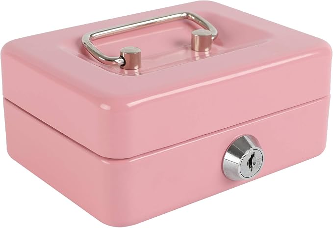 xydled Locking Steel Mini Cash Box with Removable Coin Tray and Key Lock for Kids, 4.92" x 3.74" x 2.36",Pink