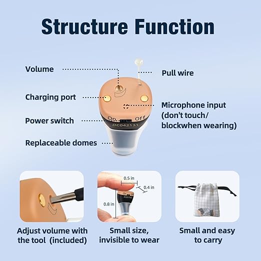 Hearing Aids, Rechargeable Hearing Aids for Seniors Adults with Noise Cancellation,A Pair Completely-in-Canal (CIC) Invisible OTC Hearing Amplifier, Black
