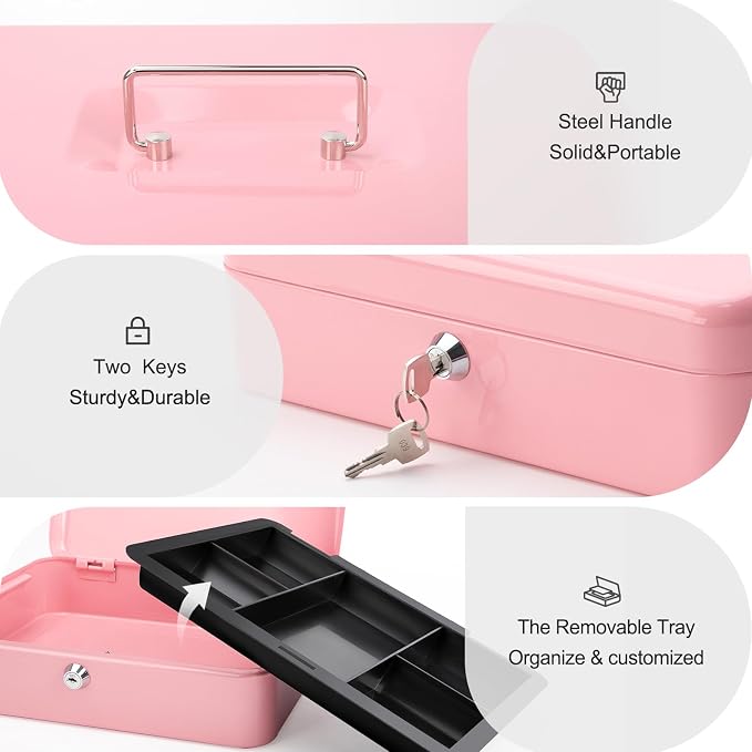 Jssmst Large Cash Box with Key Lock - Durable Metal Cash Box with Money Tray, 11.81 x 9.84 x 3.46 inches (X-Large, Pink)
