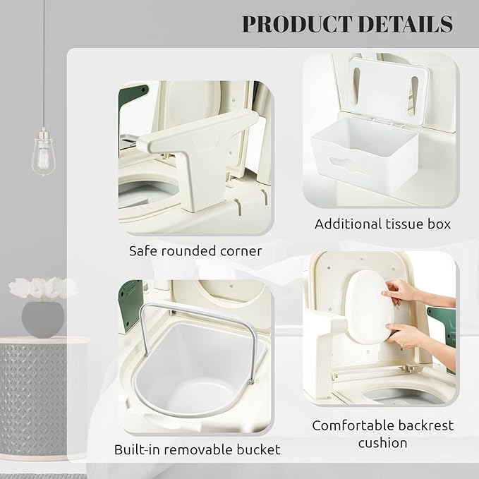 Bedside Commode, Portable Toilet for Adults, Commode Chair for Toilet with Arms, Height Adjustable, 2 Toilets and Induction Night Light, Potty Chair for Elderly and Disabled