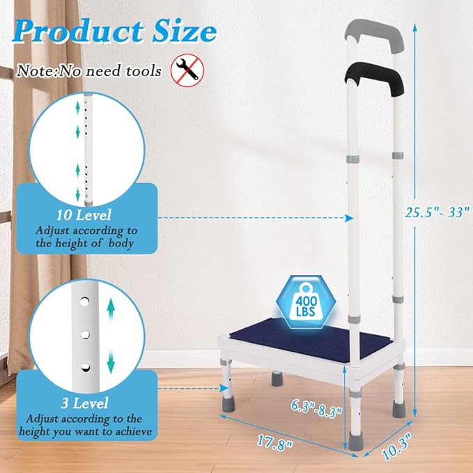 Bedside Steps for High Beds for Elderly Adults One Step Stool with Handle SUV Car Stepping Stool Seniors Stand Assist Aid Medical Heavy Duty 400lb Wide Platform Footstools for Bedroom Bathroom