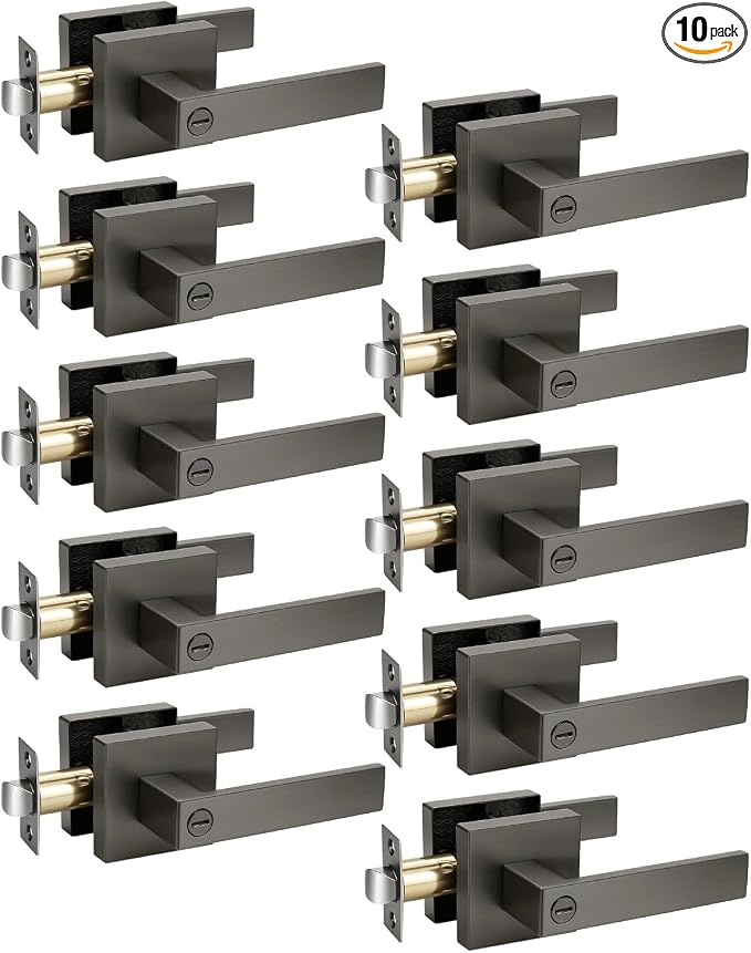 KNOBWELL 10 Pack Gunmetal Black Door Handles Brushed Nickel Interior Modern Square Door Knob with Lock for Bedroom and Bathroom