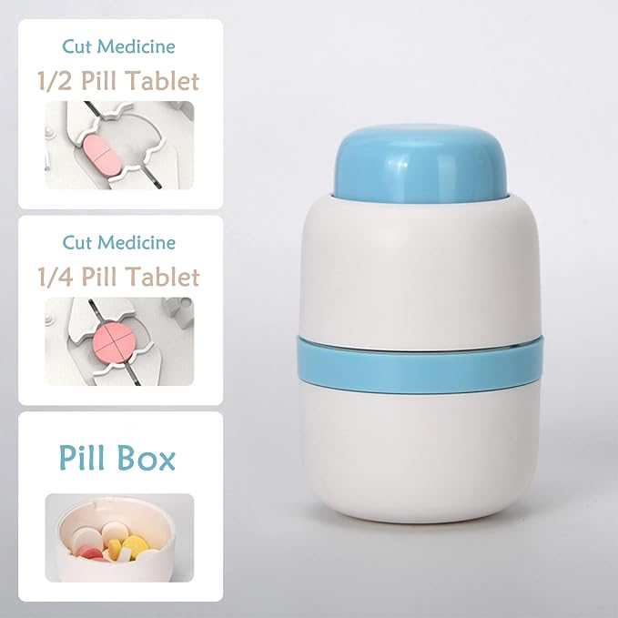 Pill Cutter for Making 1/4 and 1/2 Pills, Pill Cutter for Small or Large Pills, Hidden Safety Blade. Portable Pill Cutter for Going Out or Traveling, Doubles as a Pill Box (Blue)