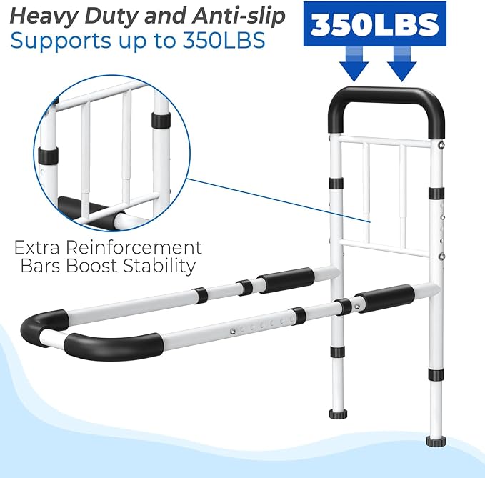 Bed Rails - ASTM Certified Adjustable Bed Cane with Motion Sensor Light, Non-Slip Ergonomic Handle & Storage Pocket, 350LBS Stable Bed Assist Rails for Seniors, Tool-Free, 2026 Upgrade