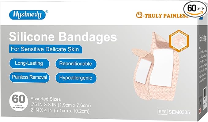 Hysimedy Silicone Bandages for Sensitve Skin Assorted Bandages Variety Pack Painless Removal Latex Free Flexible Fabric Hypoallergenic Bandages for Geriatric and Children 60 Counts