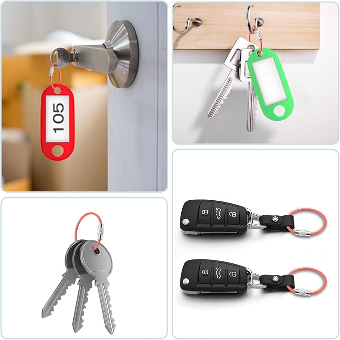 CooBigo 12 Pack Small Keychain Key Ring Holder 4 Inch Travel Luggage Tag Loops Wire Cable Key Chain for Hanging Car Keys Dog Tag Rings Keeper (Thick: 2mm, Red)