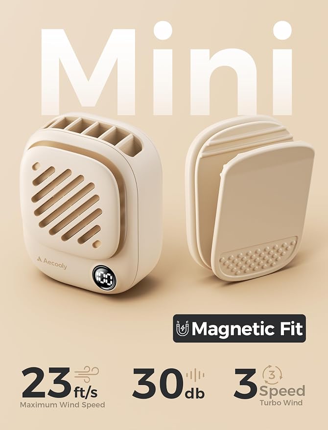 Aecooly Magnetic Clip On Fan, Mini Portable Neck Fan, Mighty Waist Fan | Light Hat Fan, Hands Free USB Rechargeable [10H Max Cooling Time], Personal Battery Powered for Travel, Gifts for Women-Beige