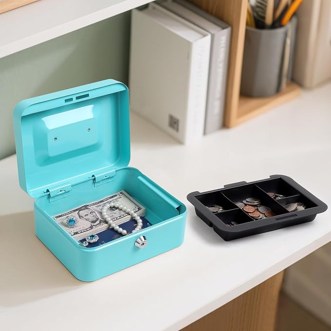 Jssmst Cash Box with Key Lock - Durable Metal Cash Box with Money Tray, Light Blue, Medium