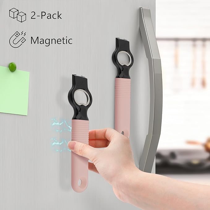 2-Pack Magnetic Beer Bottle Opener & Soda Can Opener, 2-in-1 Bottle Opener and Can Tab Opener Tool for Bartender, Long Nails, Arthritis, Silicone Handle with Build in Magnet - Dirty Pink