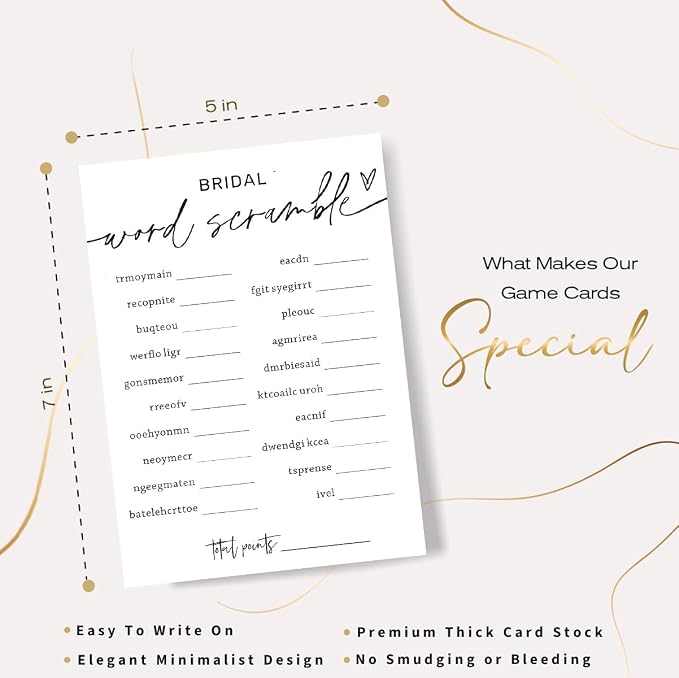 Bridal Shower Games Cards, Bridal Word Scramble, 25 Game Cards with 1 Answer Card, Engagement Party Wedding Games for Guests, Minimalist White Wedding Party Supplies - A14