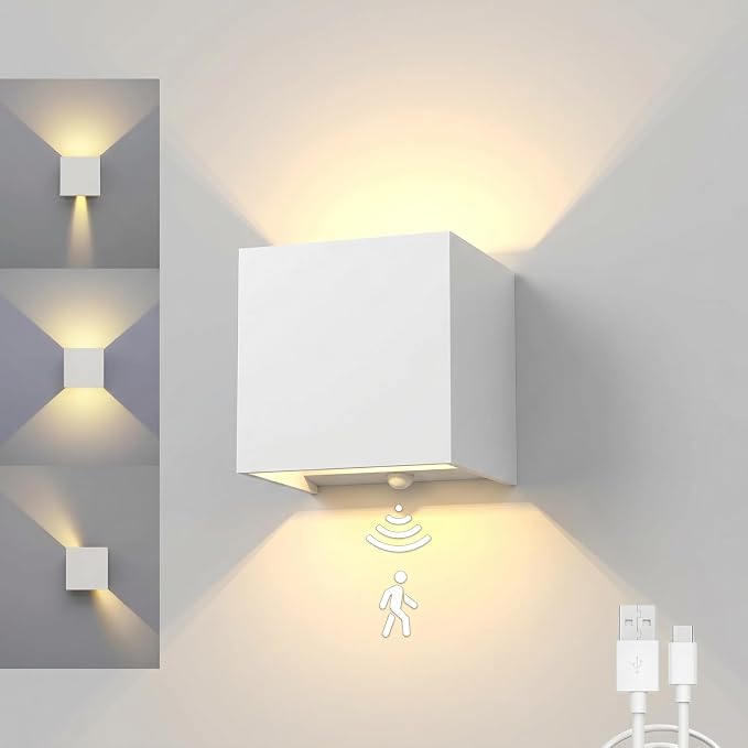 Battery Operated Wall Sconces, 12W Motion Sensor Light Indoor, 6000mAh Wall Lights Rechargeable, 3 Colors Adjustable, LED Wall Lamp for Living Room Bedroom Hallway Decor, White
