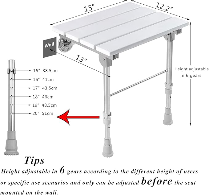Folding Shower Seat Wall Mounted with Legs, Shower Seat Benches Stool Chair for Inside Shower, Fold Down Shower Seat for Seniors Small Shower Space, Foldable Fold up Waterproof Wood Height Adjustable