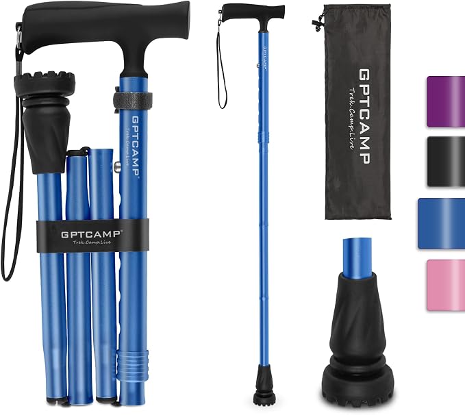 GPTCAMP G2 Walking Stick, Fold-up Walking Cane for Women and Men with Wrist Strap, Portable, Foldable, Collapsible, Lightweight and Sturdy with Comfortable T Handle