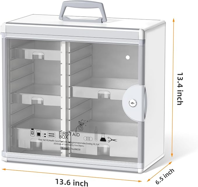 Glosen Lockable Medicine Cabinet with 5 Removable Trays, Wall Mounted & Portable Locking Medicine Cabinet Organizer with Key Lock for Home, Bathroom, Office - Aluminum Frame(13.6x6.5x12.4Inch)