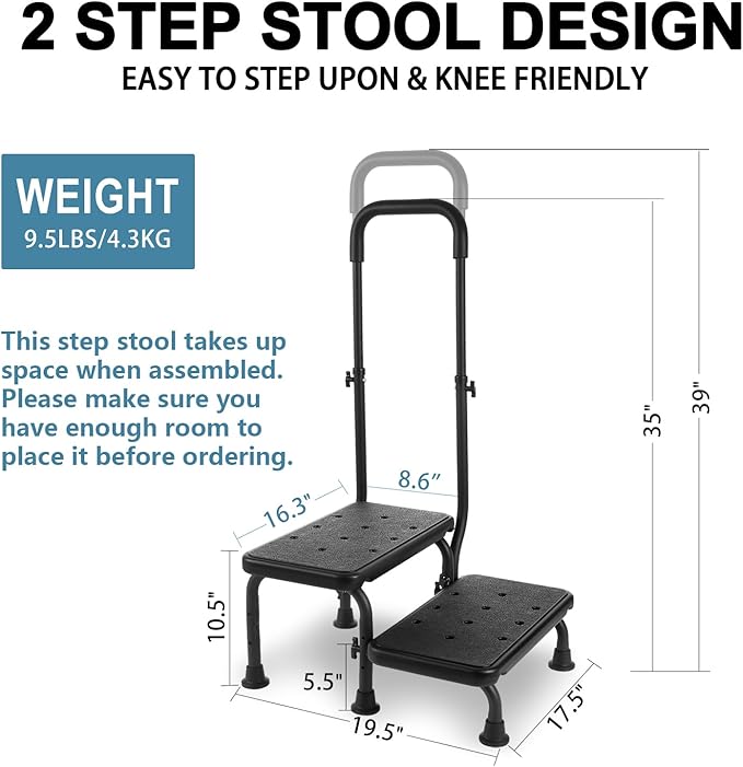 2 Step Stool with Handle for Elderly - Bed Steps for High Beds with Adjustable Handrail &Non-Slip Platform, Holds up to 450 lbs