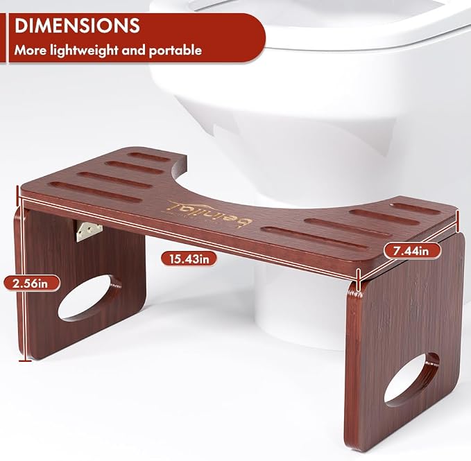 7 Inches Foldable Toilet Stool Squat Adult (Brown) | Poop Stool for Bathroom, Bamboo Squatting Potty for Adults with Anti-Slip Strip