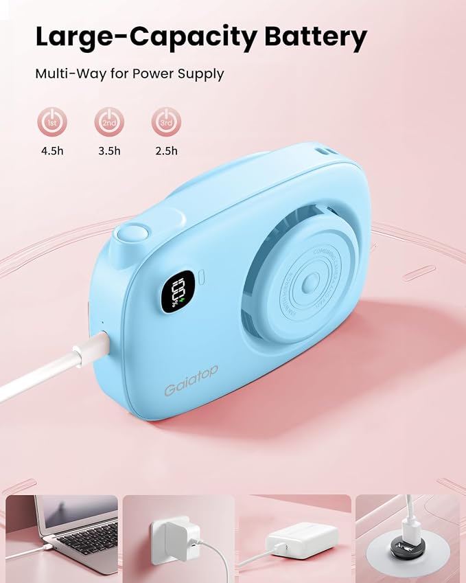 Gaiatop Mini Neck Fan, LED Makeup Mirror, Power Display Portable Fan Blue | 3 Speeds, 360° Rotate Mirror for Handheld Desk Use, Rechargeable Small USB Fan, Personal Cooling Travel Essentials Women Gift
