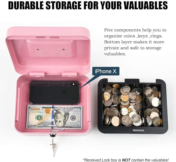xydled Locking Steel Large Cash Box with Removable Coin Tray and Key Lock,9.84"x 7.87"x 3.54",Pink