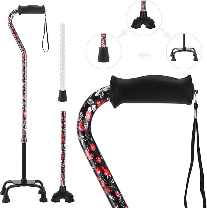 Walking Cane for Women & Men, Adjustable Quad Cane with 4-Prong Base for Stability and Balance, Folding Aluminum Walking Stick for Seniors