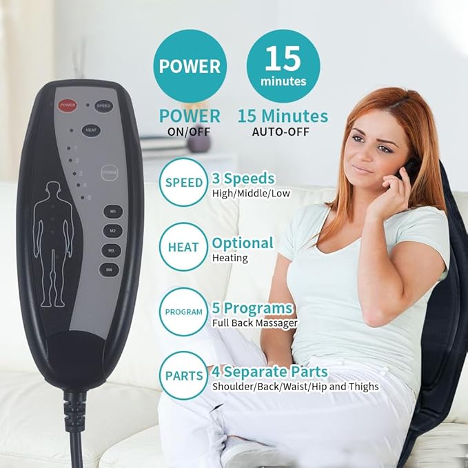 Heated Massage Seat Cushion with Remote Control, 8 Vibration Motors Chair Back Massager, Heat Therapy, Black