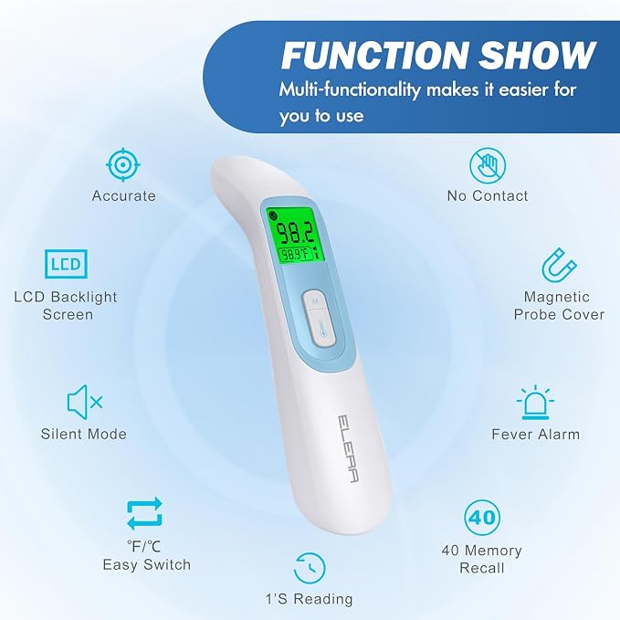 Ear Thermometer for Baby, ELERA Infrared LCD Thermometer with Automatic Switching Mode of Ear & Forehead, 1s Measurement, 4 Color Backlight Display with Fever Indicator