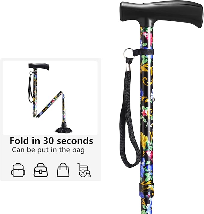 Floral Canes for Women Folding Cane for Stability with Non-Slip Base, Adjustable Walking Cane for Seniors - Lightweight Collapsible Walking Sticks with T & Offset Handle