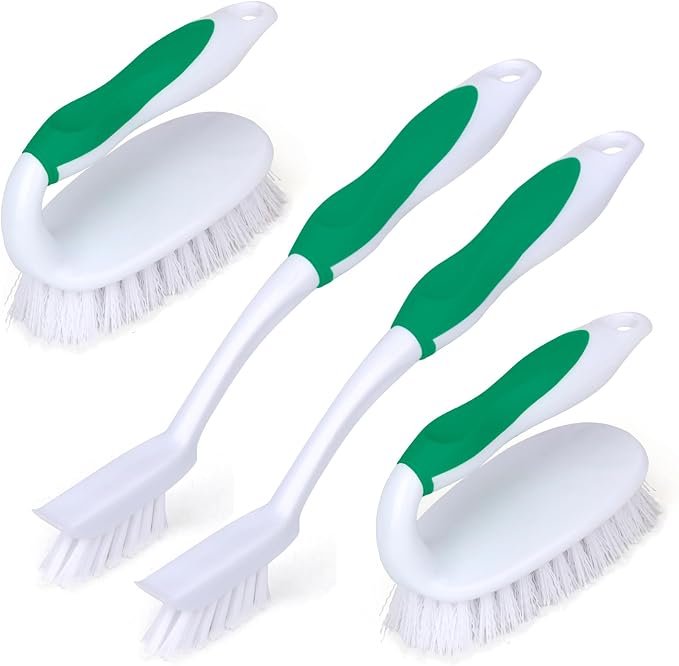 Scrub Brush Set, 4 Pack Deep Cleaning Brush Kit, Green | 2 Scrub Brush, 2 Tile & Grout Brush with Built-in Scraper, Household Commercial Scrubber for Floor, Shower, Pool Wall, Tub