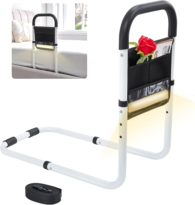 Bed Rails for Elderly Adults Safety, Bed Assist Rails for Seniors, Double Stabilizer Bars Design with Storage Pocket & Fall Prevention Guard, Fits King, Queen, Full, Twin Bed(with Light)