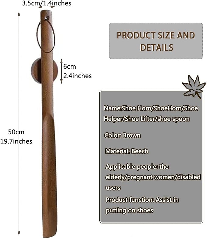 Shoe Helper for Seniors Japanese Style Medium and Long Handle Magnetic Suction Shoehorn, Double Storage Design Beech Shoe Helper, Wear Shoe Tool (Color : Brown, Size : 50 * 3.5cm)