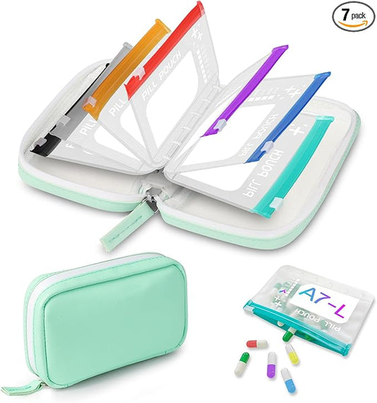 A7 Waterproof Pill Organizer with 7 PCS L Size Zippered Pill Pouches for A7 Binder, Large BPA-Free Weekly Medicine Organizer, Color-Coded Reusable Travel Pill Storage System