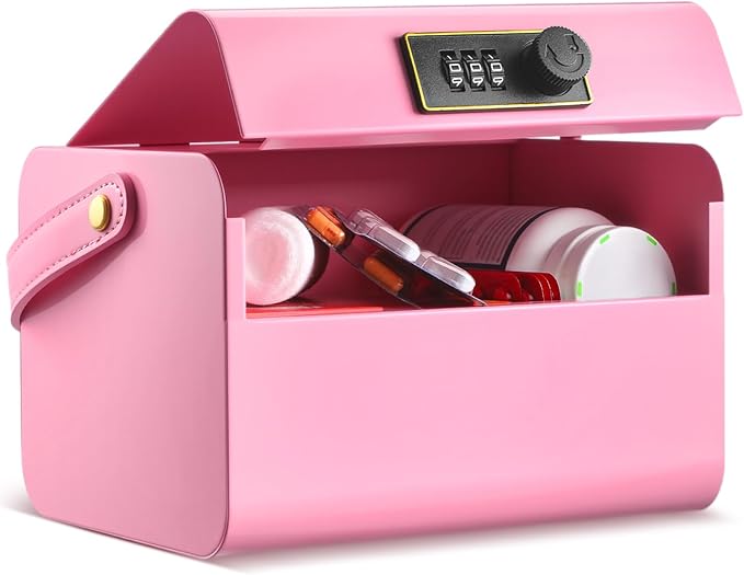 Honeydak Lock Box for Medication Metal Small Medicine Safe Pill Storage Box Portable Medicine Organizer with Combination Code and Handle for Refrigerator Fridge First Aid(Pink)