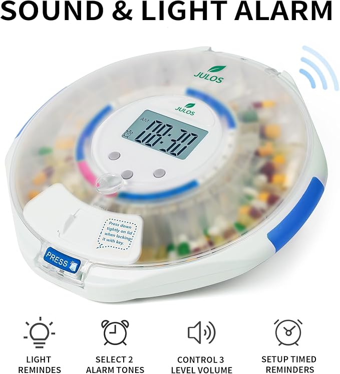 JULOS 28-Day Automatic Pill Dispenser for Elderly with Alarm, Frosted Lid | Sound/Light Alerts, up to 6 Alarms/Day, Easy-Read LCD Display, Safety Locked Pill Dispenser for Seniors/Dementia