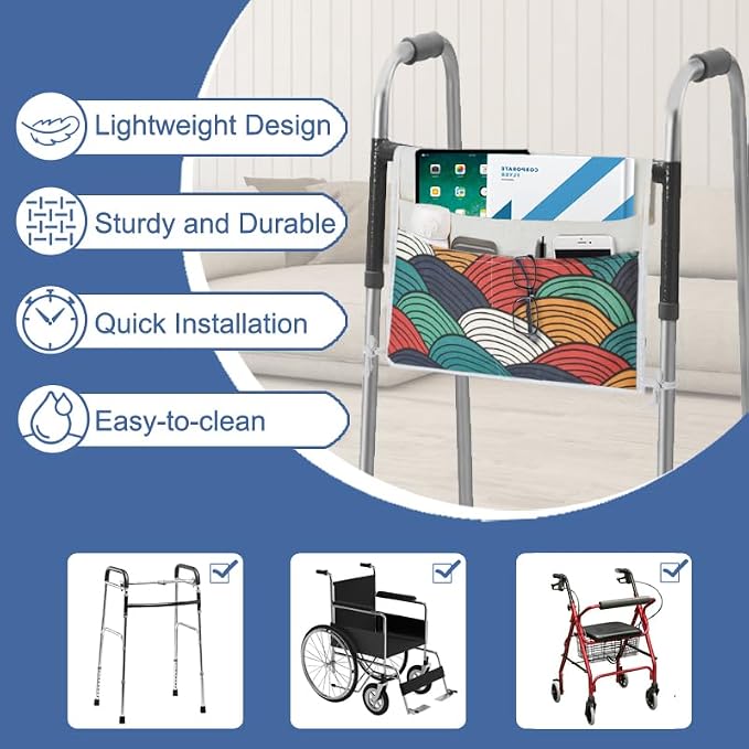 TOGETRUE Walker Bag, Easy Access Walker Storage Basket with 2 Large Pockets, Walker Accessories Bag for Folding Walker, Wheelchairs, Strollers, 13"x14.5" (Color Arc)