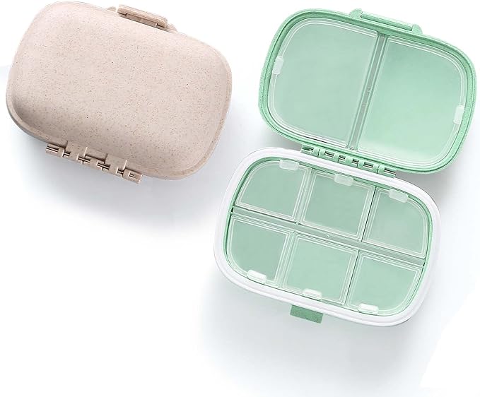2 Pack 8 Compartments Travel Pill Organizer, Daily Pill Case Small Pill Box for Pocket Purse, Portable Pill Container Medicine Vitamin Organizer (Cyan & Khaki)