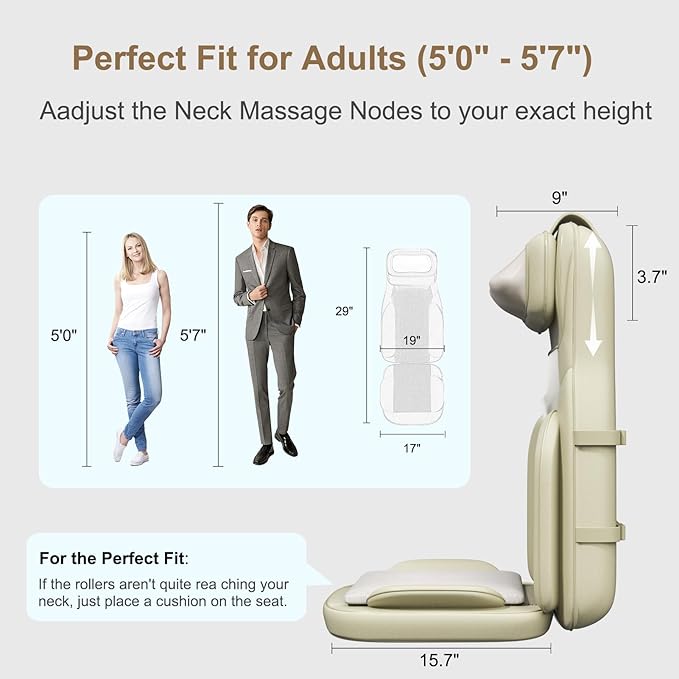 Rainwolf Shiatsu Neck and Back Massage Cushion with Heat - 4D Deep Tissue Kneading Full-Back Massager for Relief Tension, Adjustable Intensity & Height, for Office Chair & Home